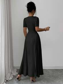 Elenzga Vestido midi de mujer de unicolor con cuello redondo, cintura hueca plisada, estilo princesa vintage con mangas abullonadas, color albaricoque, elegante, estilo francés retro romántico y minimalista, adecuado para oficina, viajes, negocios, casual, playa, citas, nueva llegada de primavera/verano - Negro - Ver 2