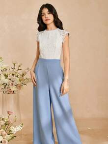 Bộ áo liền quần thanh lịch dành cho bé gái, viền ren, chất liệu vải dệt mềm mại, cạp cao và ống rộng, phù hợp cho mặc hàng ngày, dự tiệc và các buổi tụ họp. - Màu xanh lam - Xem 4