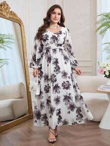 Modelyn 浪漫雪纺印花长袖A字型长连衣裙，大码，春夏款 - 彩色 - 查看 4