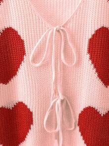 SHEIN Franclia Nuevo suéter sin mangas de punto con estampado de corazón romántico para el Día de San Valentín, de cuello en V casual con lazo, para mujer. Suéter de punto con diseño de corazón, top de punto lindo para mujer. Chaleco de punto con forma de corazón, suéter de punto de invierno para mujer - Multicolor - Ver 4
