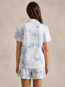 EverLounge Damen Vintage Britischer Stil Tier- und Baummuster Kragen Kurzarm Shorts Pyjama Set, Hellblau - Babyblau - Übersicht 2