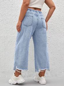 EMERY ROSE Mature Denim Plus Size Women Drawstring Waist Wide Leg Loose Casual Jeans - Light Wash - View 2
