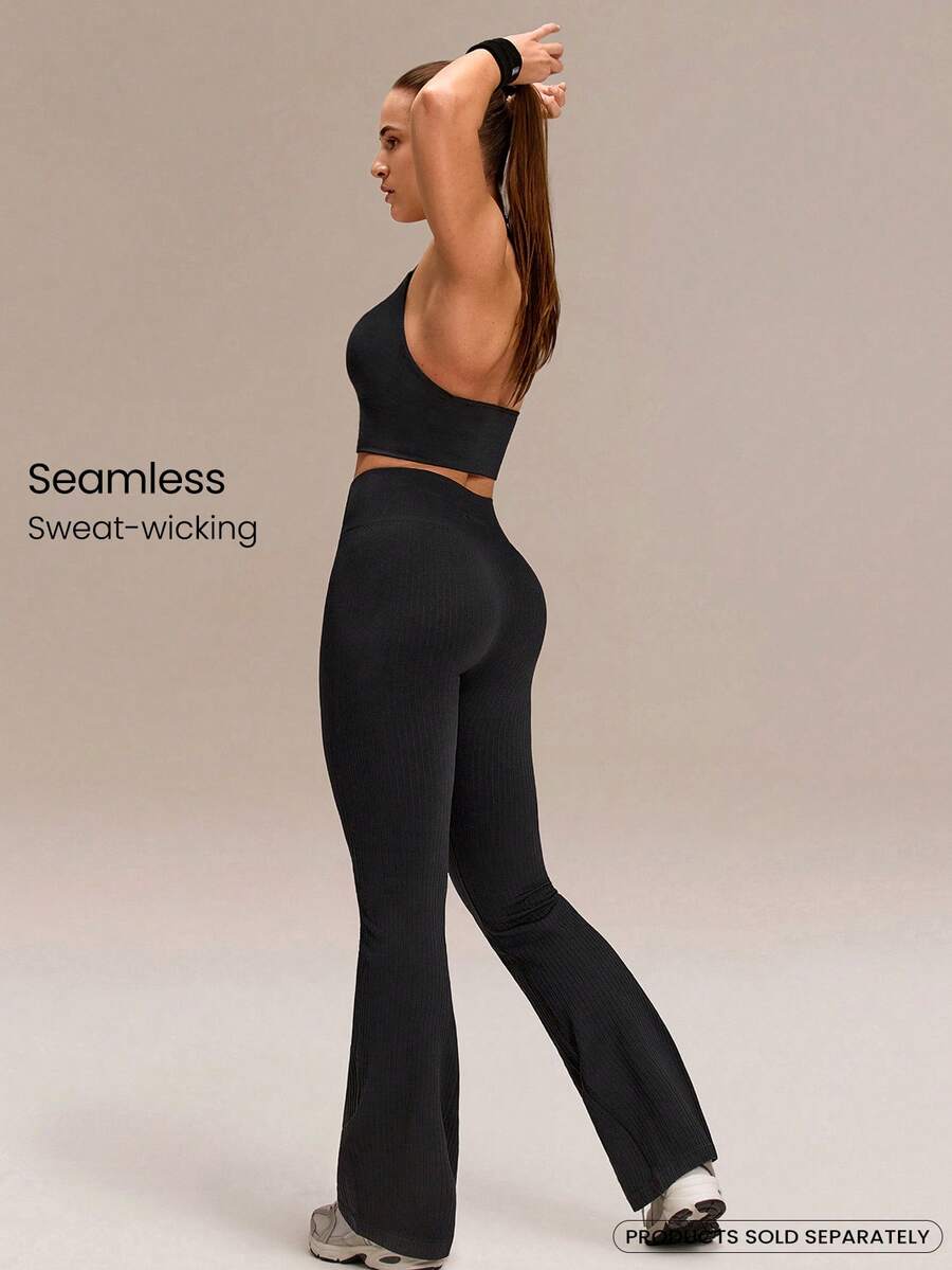 GLOWMODE 31" Ultrafine Soft Seamless Flow Without Limits High-Waisted Seamless Stretchy Wide Rib Paneling Flare Leggings Medium Impact Training Running Workout Gym Yoga Pilates Studio Daily Active Wear - Black - View 1