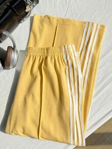 Comfortcana Pantalones de chándal de punto a rayas amarillas de talla grande cómodos con cordón, adecuados para uso casual - Amarillo - Ver 3