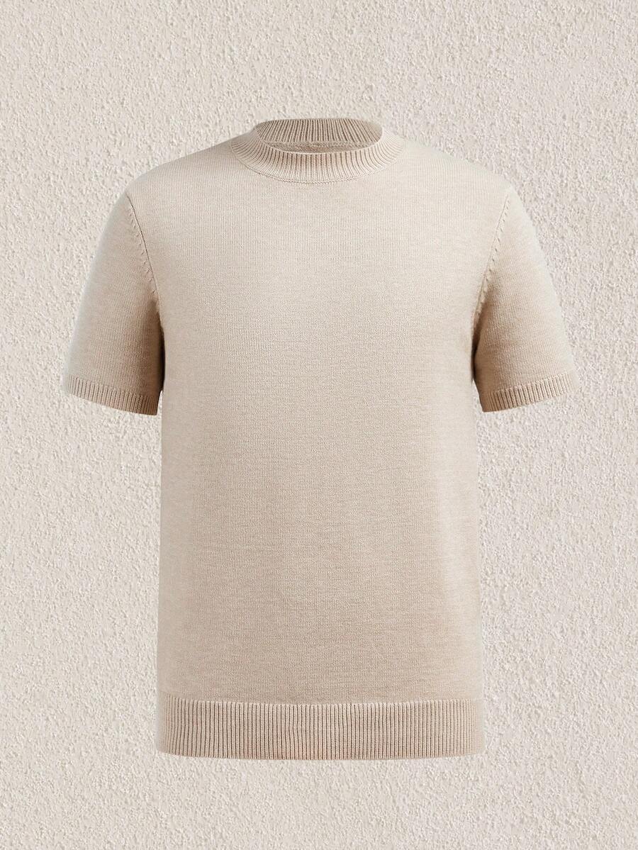 Mercer Haus Men's Casual Versatile Solid Color Short Sleeve Knit Top - Apricot - View 1