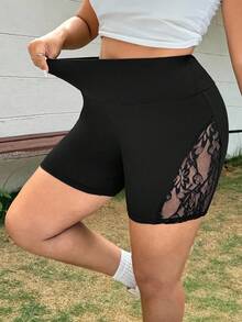SHEIN PETITE CURVE 大尺碼女款小個子黑色蕾絲網格拼接內搭褲，高腰休閒單車短褲，休閒時尚夏季徒步日常穿搭 - 黑色 - 查看 5