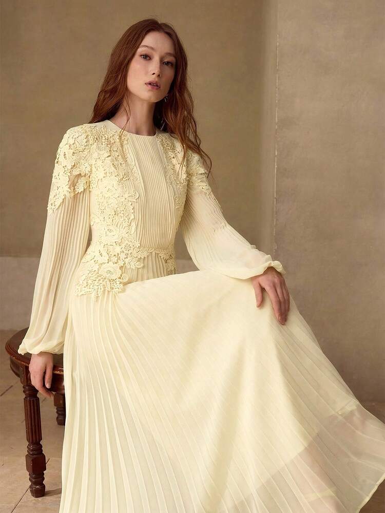 WOMEN'S ROMANTIC ELEGANT CONTRAST LACE PLEATED LONG DRESS, SPRING/SUMMER