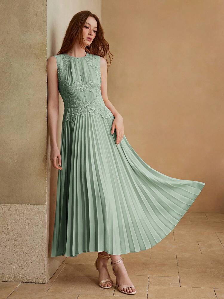 WOMEN'S PLEATED LACE PATCHWORK ELEGANT DATE NIGHT SLEEVELESS DRESS, SPRING/SUMMER