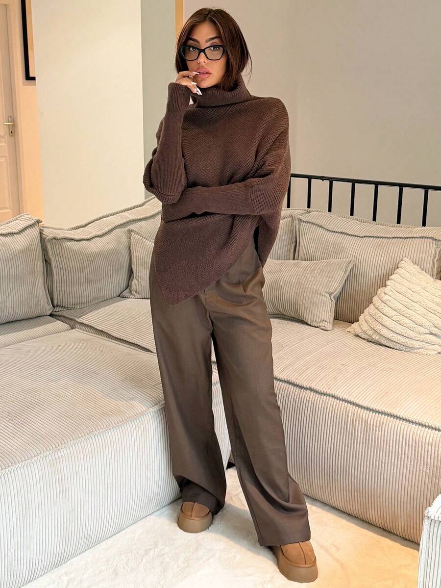 IamThia 女士裤子 商务休闲 女士西装 女士阔腿裤 办公室女士服装 宽松裤 职业女性服装 办公室服装 女士灰棕色裤子 女士工作服 女士正装裤 女士商务休闲裤 女士阔腿裤外出 - 棕色 - 查看 1