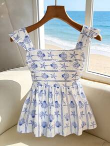 Pariaura Women's Cute White And Blue Starfish & Seashell Print Blouse,Summer Vacation Holiday Ruffle Trim Tie Back Peplum Top,Elegant Beach French Style Shirt - Blue - View 7