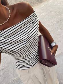 DAZY Women's Striped Open Shoulder Casual Commuting Batwing Sleeve T-Shirt Summer - Apricot - View 8