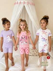 6pcs Tight Fit Pajama Set For Kids Girls,Pink,Summer,Fairy,Family Matching,Short Sleeve Shorts,Unicorn,Rabbit,Heart Graphic Loungewear,Snug Fit - Multicolor - View 2