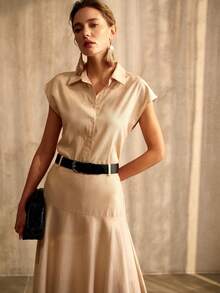 MOTF PREMIUM WOMEN'S STRIPED CASUAL SHIRT WITH WAIST BELT AND A-LINE SKIRT 2 PIECES SET, SPRING/SUMMER - Khaki - View 6