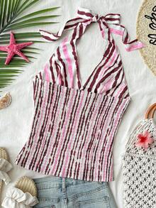 Travachic Women's Striped Fitted Halter Neck Tank Top - Multicolor - View 2