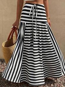 Women's Striped Knotted Pleated Casual Versatile Date Outing A-Line Skirt - Black and White - View 1