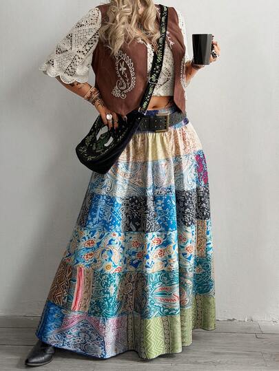 Whyspr Falda elegante de vacaciones con estampado digital de talla grande, primavera/verano