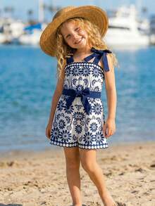 SHEIN Young Girl Woven Contrast Ditsy Floral Camisole Romper - Blue - View 5