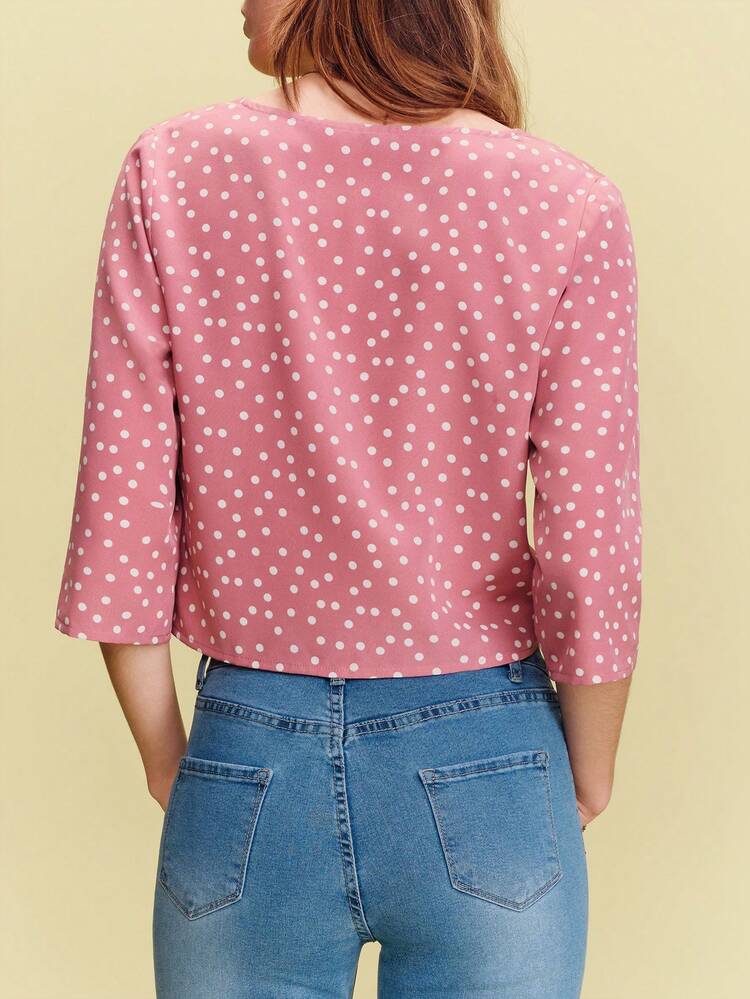 Printed Top With Deep V Neckline And Ruched Front Tie Spring Summer French Style Parisian Style Officewear Elegant Top Pink Summer Top Going Out