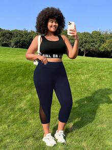 GalTyme Plus Size Navy Blue Contrast Mesh Elastic 3/4 Leggings - Navy Blue - View 4