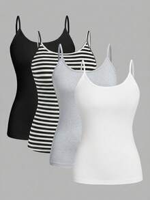 SHEIN EZwear 4件套加大码女式吊带背心多色套装 女式背心 女式吊带衫 女士紧身背心 夏季上衣 套装上衣 女式吊带背心 多件装上衣 女式无胸罩上衣 4件套上衣 女式吊带背心 - 彩色 - 查看 1