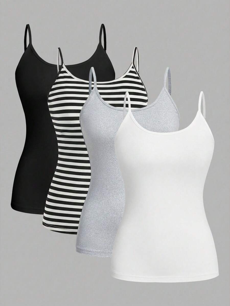 SHEIN EZwear 4件套加大码女式吊带背心多色套装 女式背心 女式吊带衫 女士紧身背心 夏季上衣 套装上衣 女式吊带背心 多件装上衣 女式无胸罩上衣 4件套上衣 女式吊带背心 - 彩色 - 查看 1