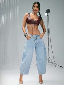 Denimoi Áo bralette ngắn tay giả da đính đinh tán, buộc dây phía trước, kiểu dáng gợi cảm, thích hợp cho các buổi hòa nhạc hoặc đi club. - Màu Đỏ Sâu - Xem 3