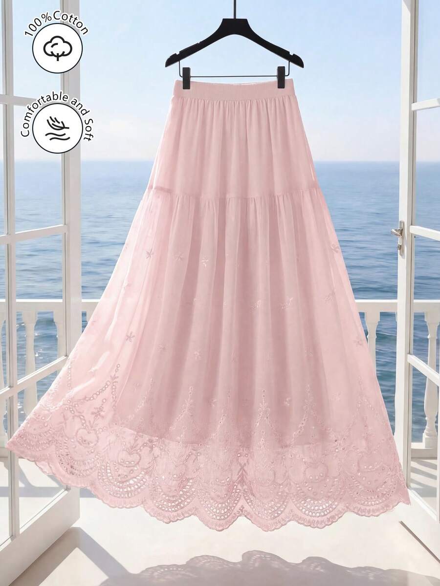 Seusyu 女士中长款松紧腰镂空刺绣半身裙，春夏款 - 粉色 - 查看 1