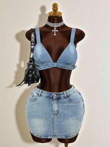 Slaydiva Women's Fashionable Street-Style Washed Eyelet Button-Up Denim Blouse, Summer - Blue - View 7