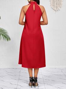 SHEIN Lady 3D立体花朵荷叶边装饰领口，橙色中长款连衣裙，优雅淑女宽松休闲，春夏度假风，波西米亚风情。 - 紅色 - 查看 2