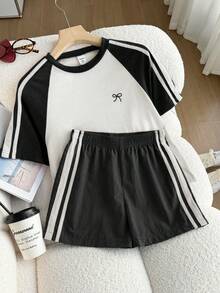 SHEIN 少女撞色短袖T恤短裤套装，运动风，宽松修身设计，轻薄面料，适合日常穿着、休闲或运动。 - 黑色 - 查看 3