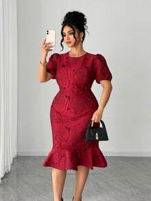 Elenzga Đầm cỡ lớn cổ tròn tay ngắn thêu hoa, chất liệu vải dệt họa tiết, kiểu dáng thanh lịch, dáng đuôi cá, màu đỏ đậm, thích hợp cho cả đi làm và các dịp trang trọng. - Đỏ - Xem 3