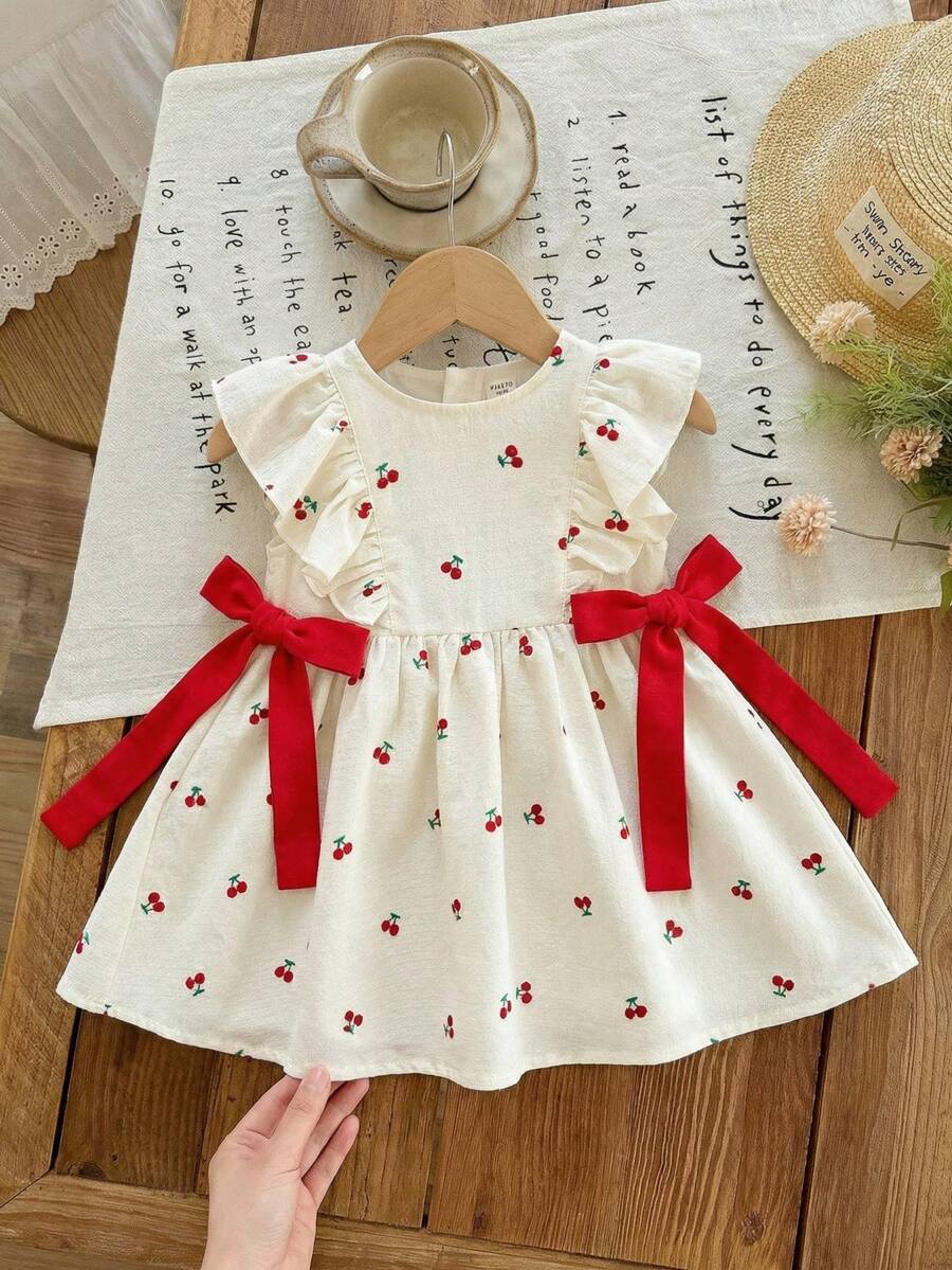 SHEIN Baby Girl Elegant Round Neck Ruffle Hem Cherry Pattern Contrast Color Bow Decor Dress, Baby Girl - Multicolor - View 1