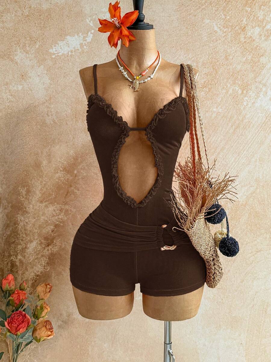 Soleia 女士纯色镂空吊带连体衣 - 咖啡棕 - 查看 1