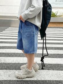 SHEIN Little Byeori 青少年男童休闲百慕大牛仔短裤，带口袋 - 中等水洗藍 - 查看 5