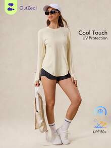 OutZeal 防晒 UPF50+ 凉爽防晒弧形下摆长袖T恤 女款带口袋 - 黃色 - 查看 10