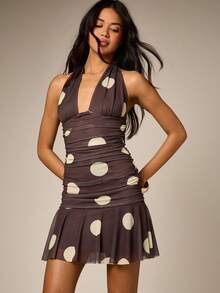 AiiRZ Halter Neck Polka Dot Mini Dress Ruched Bodycon Party Dress Deep V Neckline Sleeveless Summer Evening Dress Flounce Hem Wedding Guest - Multicolor - View 3