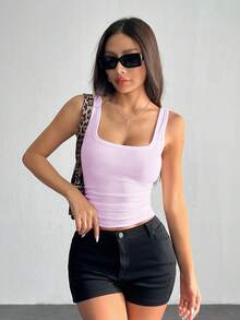 SHEIN PETITE Casual All-Match White Cami Top With Deep U-Neck And Racerback - Mauve Purple - View 7