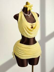 Bellisia Women's Elegant Tie-Up Cake Skirt Swimsuit 3 Pieces Set, Beach, Pool, Casual Party, Holiday, Spring/Summer - Yellow - View 5