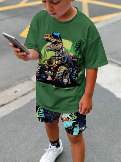 Conjunto de camiseta de manga corta con cuello redondo y estampado de dinosaurio minimalista casual y pantalones cortos para adolescentes, adecuado para el verano
