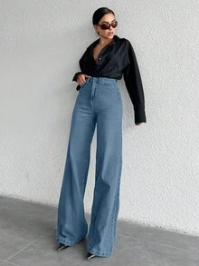 EURMUSE 100%Cotton High Waist Wide Leg Jeans - Dusty Blue - View 5