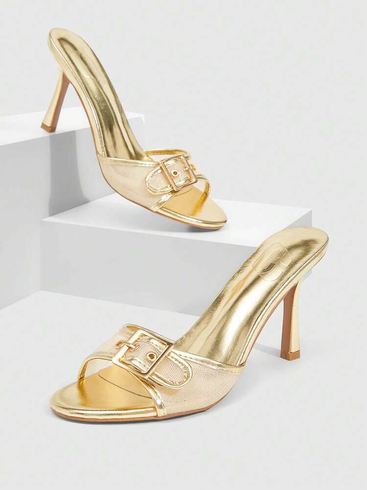 CUCCOO SZL Gold PU Mesh Splicing Gold Buckle Design Fashionable And Sexy Elegant Round Toe High Heel Slippers Prom Heels