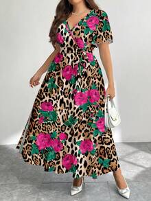 Modelyn Vestido holgado de talla grande con patrón floral minimalista retro, adecuado para otoño/invierno - Multicolor - Ver 2