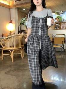 Dazy Kids Teen Girl Plaid Bow Decor Casual Camisole Dress Summer - Black - View 2