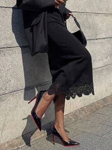 DAZY Women's Solid Color Casual Lace Patchwork Knit Skirt - Black - View 4