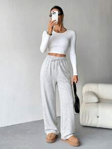 SHEIN Tall Quần thể thao nữ màu kaki dáng rộng, cạp chun, kiểu dáng thường ngày, thích hợp cho mùa hè, công sở, lễ tốt nghiệp, trang phục đi học, lễ tốt nghiệp, trang phục giáo viên nữ, trang phục trở lại trường học. - Màu Xám nhạt - Xem 6