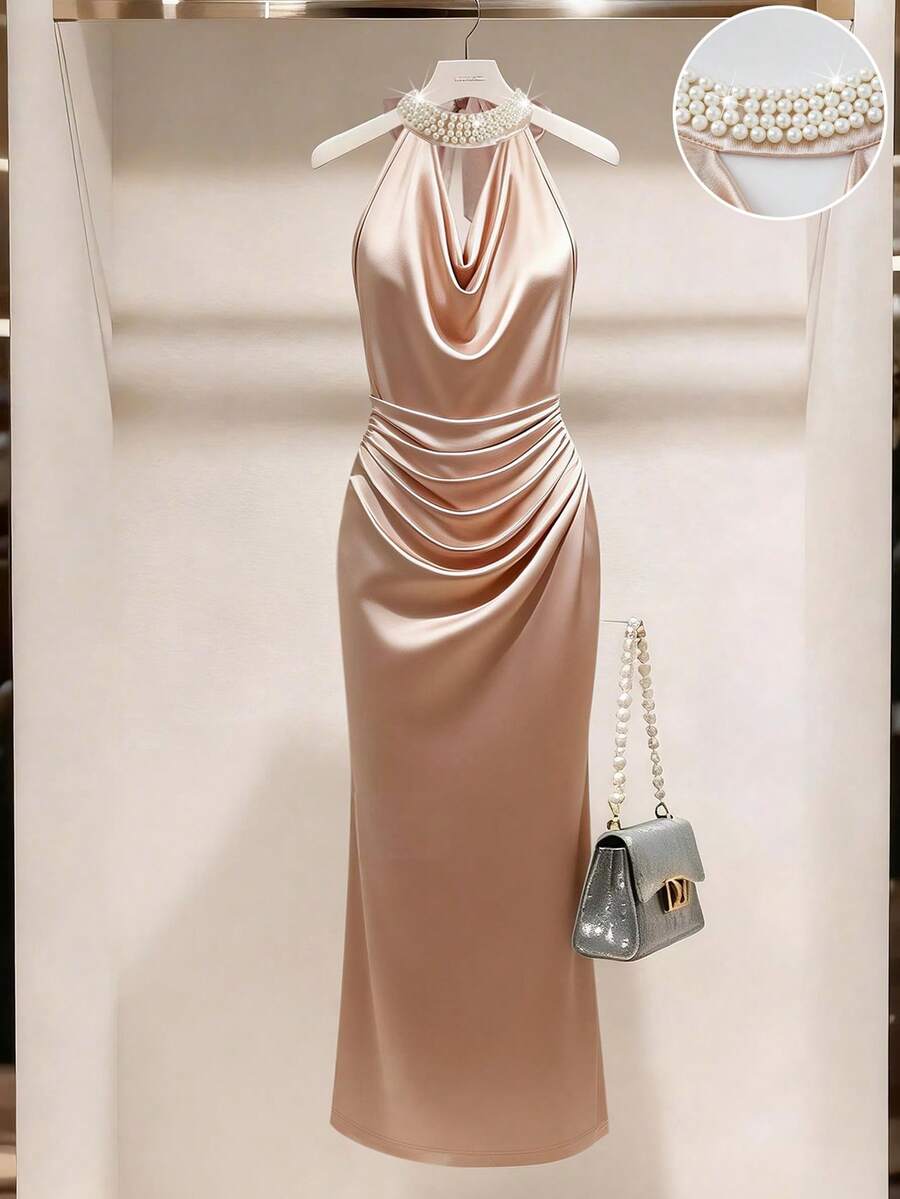 SHEIN Franclia Đầm dài thanh lịch dành cho nữ với cổ áo kiểu dây chuyền, đính hạt cườm, eo khoét sâu và thiết kế xếp ly. - Rượu sâm banh - Xem 1