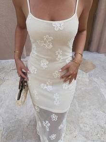 Firerie 女士优雅简约精致浪漫迷人度假沙滩日常派对钩针镂空3D花卉方领无袖长裙，杏色，春夏夏季女装沙滩装连衣裙女士度假套装女士夏季连衣裙 - 杏色 - 查看 2