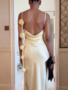 Firerie 女士优雅简约精致浪漫性感端庄宴会假日派对约会婚礼宾客生日派对度假深V露背3D印花奶油黄连衣裙 - 淡黃色 - 查看 6