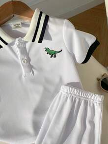 SHEIN Baby Boy Summer Cute White Short Sleeve Polo Shirt And Elastic Waist Shorts Set - White - View 6