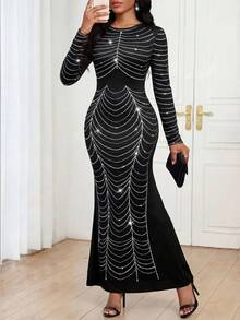 Fleurora 生日派对礼服女士长裙黑色圆领女裙钻石印花设计女裙优雅宴会酒会女士长裙黑色长袖连衣裙长款秋季连衣裙长款秋季连衣裙秋季女裙 - 黑色 - 查看 6